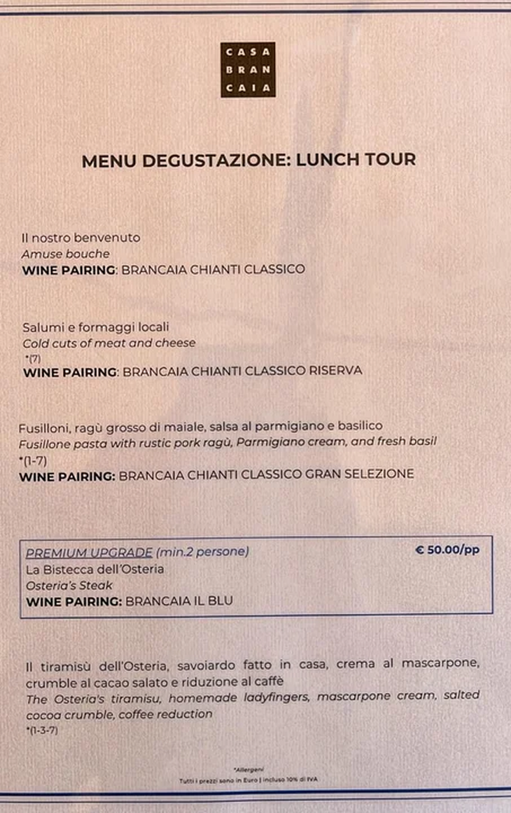 El menú de Casa Brancaia, en la Toscana italiana, con precio actualizado a junio 2025. El menú de Casa Brancaia, en la Toscana italiana, con precio actualizado a junio 2025.