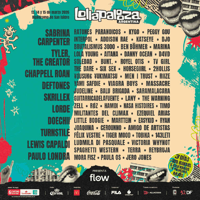 Los artistas que se presentarán en el Lollapalooza 2026. Los artistas que se presentarán en el Lollapalooza 2026.