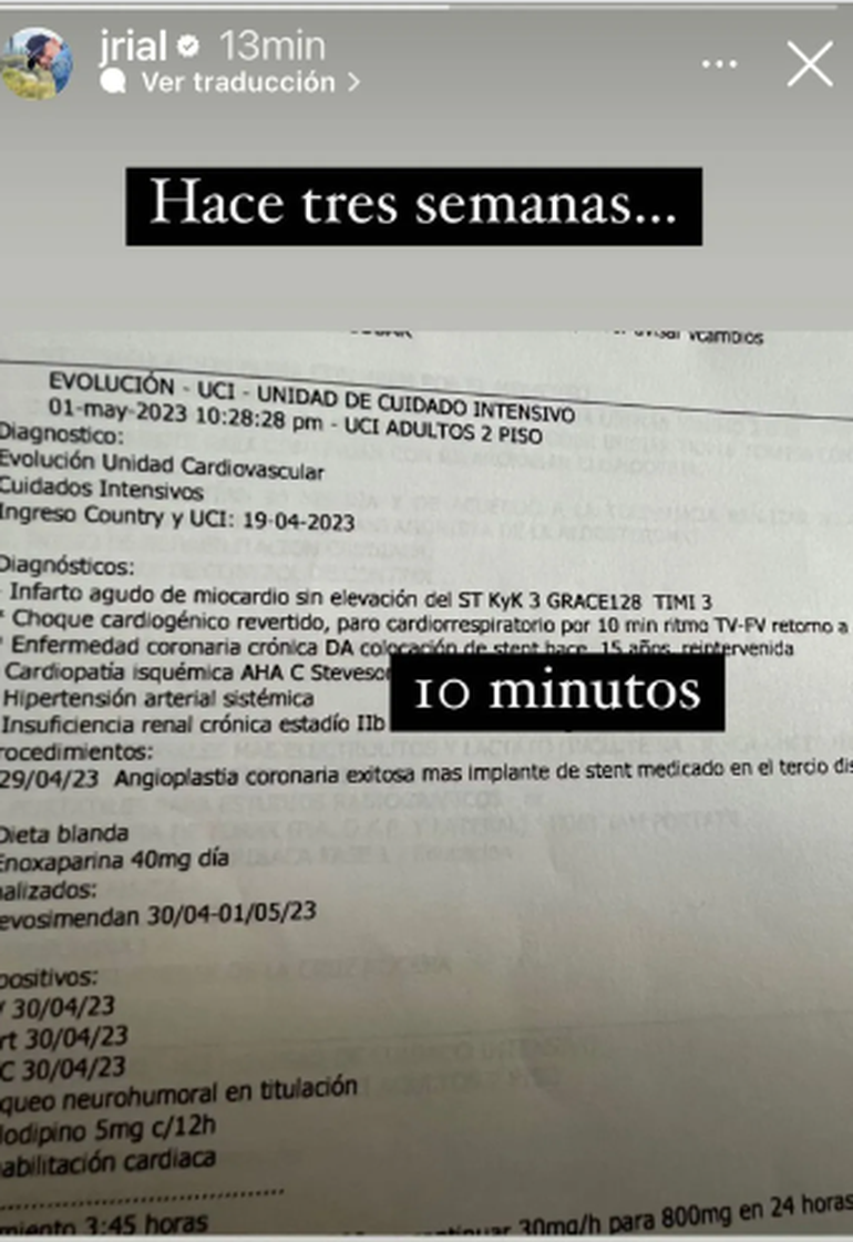 La historia clínica de la resucitación Jorge Rial en un hospital colombiano.