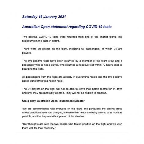 El comunicado oficial del Abierto de Australia anunciando los positivos.