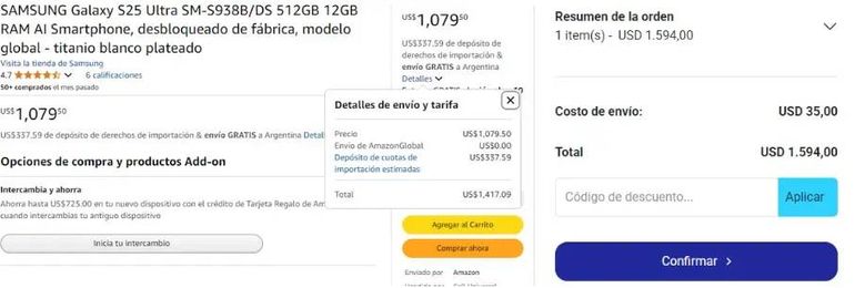 El precio de un celular en Amazon y en Tierra del Fuego. El precio de un celular en Amazon y en Tierra del Fuego.