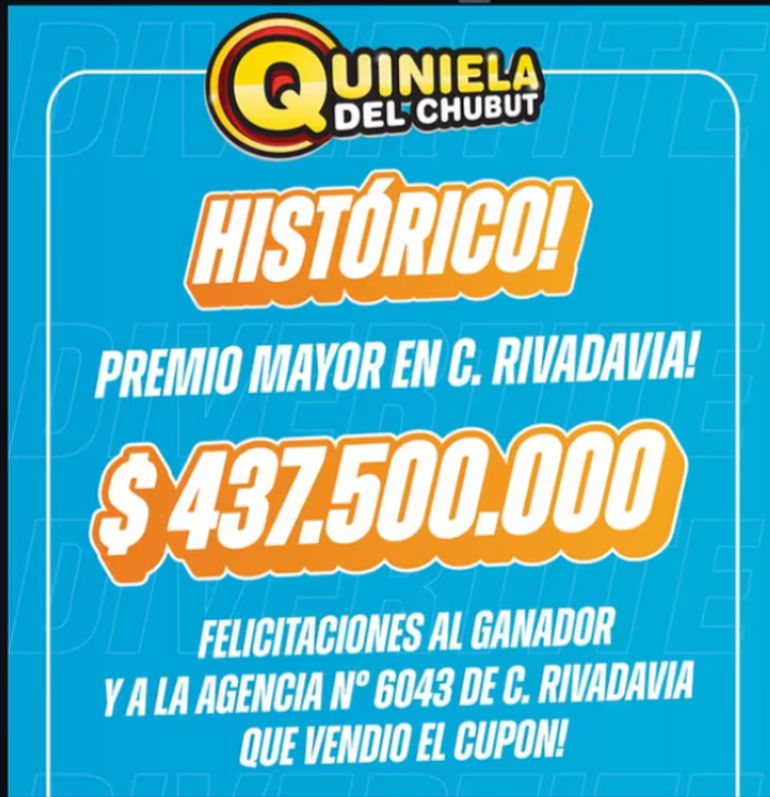 El flyer de la Quiniela de Chubut celebrando la noticia del histórico premio. El flyer de la Quiniela de Chubut celebrando la noticia del histórico premio.