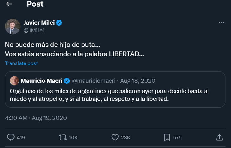 Javier Milei criticando a Mauricio Macri tras una marcha anticuarentena. Otros tiempos...