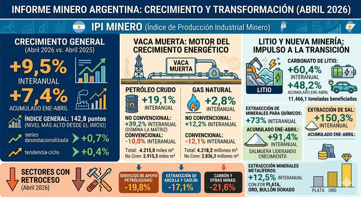 Argentina produjo 11.466,1 toneladas de carbonato de litio, un alza del 60,4% respecto a abril 2025. Argentina produjo 11.466,1 toneladas de carbonato de litio, un alza del 60,4% respecto a abril 2025.