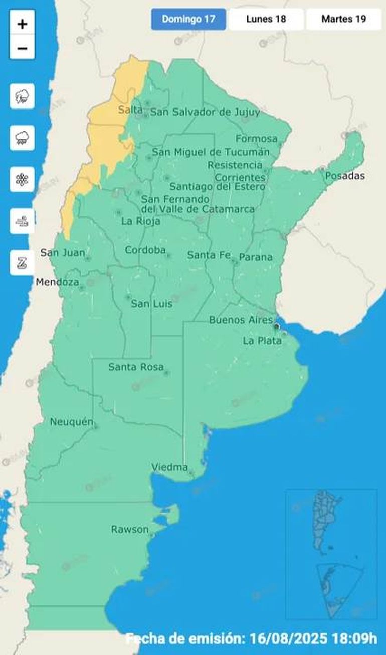 Las en alerta amarilla por vientos fuertes son San Juan, La Rioja, Catamarca, Salta y Jujuy. Las en alerta amarilla por vientos fuertes son San Juan, La Rioja, Catamarca, Salta y Jujuy.