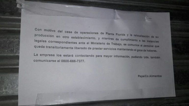 Pepsico cerró una fábrica y hubo 600 despidos