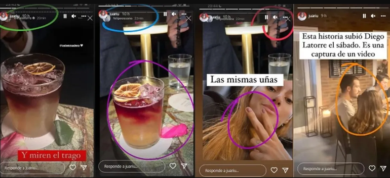 Las coincidencias que encontró Juariu en las historias de Instagram de Lola y Felipe: el mismo trago y las mismas uñas; junto a una captura de un video subido por Diego Latorre cuando hizo un asado en su casa, donde se lo ve a Ossana.