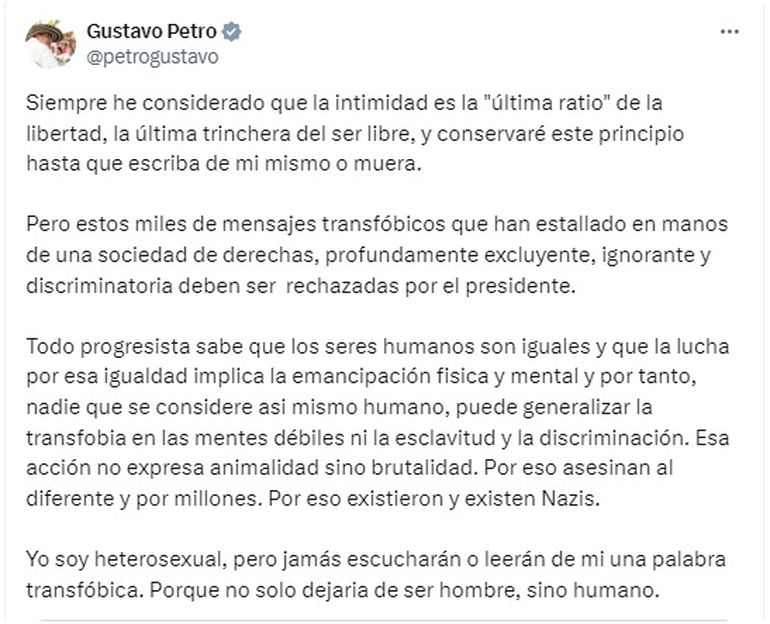El posteo del presidente Gustavo Petro en X (Twitter). El posteo del presidente Gustavo Petro en X (Twitter).