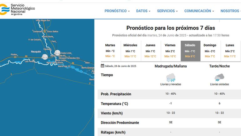 El pronóstico para la ciudad de Neuquén anticipa nieve para el sábado.