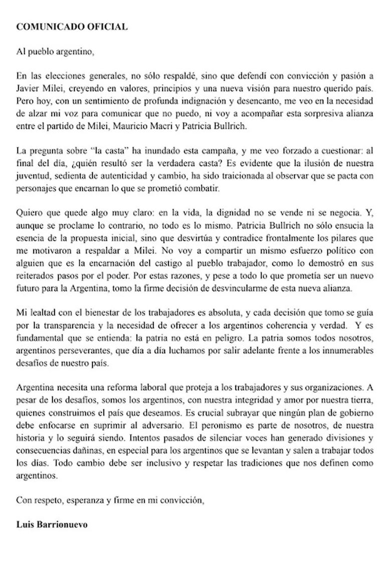 Mediante este texto, Barrionuevo asegur&oacute; que no estar&aacute; con Javier Milei.