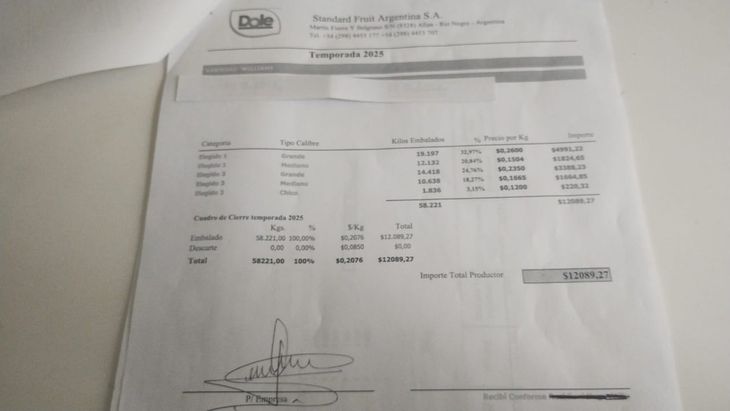 Una de las tantas liquidaciones entregadas a los productores. Los números muestran las enormes distancias que existen para lograr rentabilidad.