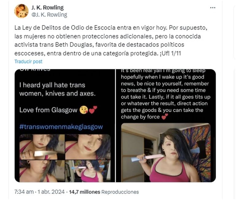Uno de los posteos de J.K. Rowling, con traducción, que generó más polémica. Uno de los posteos de J.K. Rowling, con traducción, que generó más polémica.