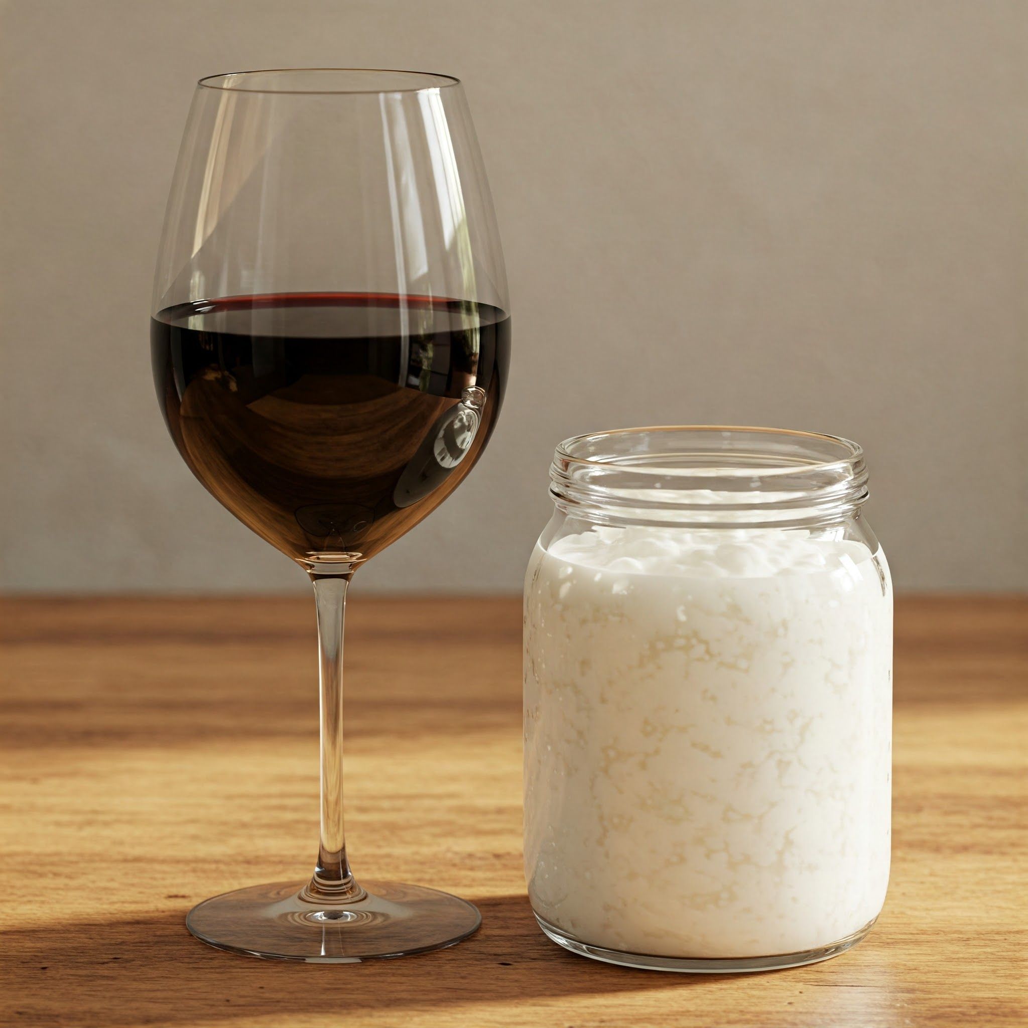 Vino y kefir, dos aliados de la salud. Foto: generada con Gemini.