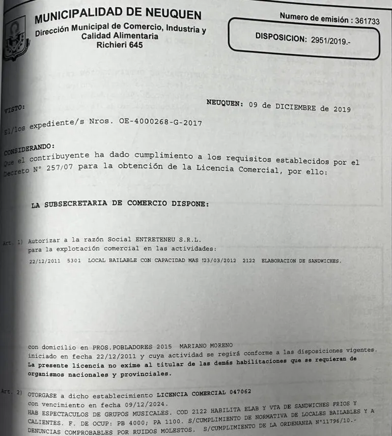 Esta es la disposición por la que se otorga la licencia comecial a Entreteneu SRL. La Justicia ordenó su suspensión. Esta es la disposición por la que se otorga la licencia comecial a Entreteneu SRL. La Justicia ordenó su suspensión.