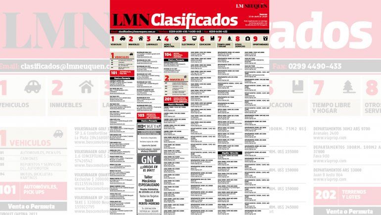 Los clasificados de hoy de LM Neuquén