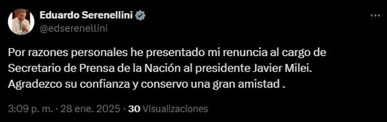Con esa publicación, Serenellini confirma que renunció a su cargo. Con esa publicación, Serenellini confirma que renunció a su cargo.