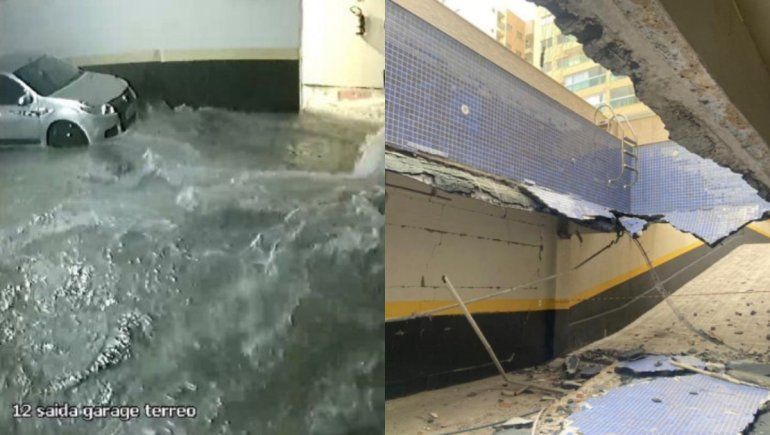 Twitter: increíble video viral de una pileta que se derrumbó e inundó el estacionamiento