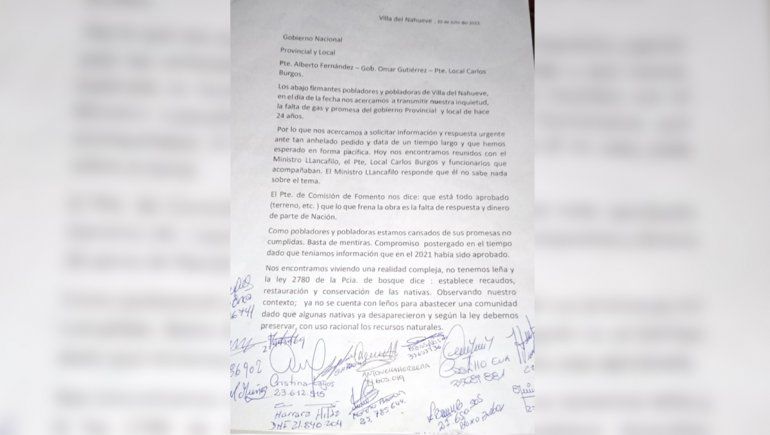 Carta de los vecinos de Villa Nahueve. Carta de los vecinos de Villa Nahueve.