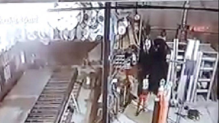 Espinoza fue registrado en las cámaras de seguridad de la metalúrgica. La pitbull quedó malherida por el golpe.