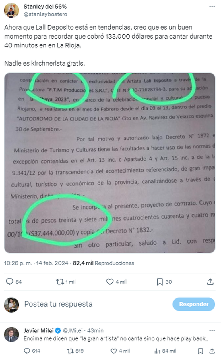 La respuesta de Javier Milei este jueves, cuando volvió a cruzar a Lali Espósito. La respuesta de Javier Milei este jueves, cuando volvió a cruzar a Lali Espósito.