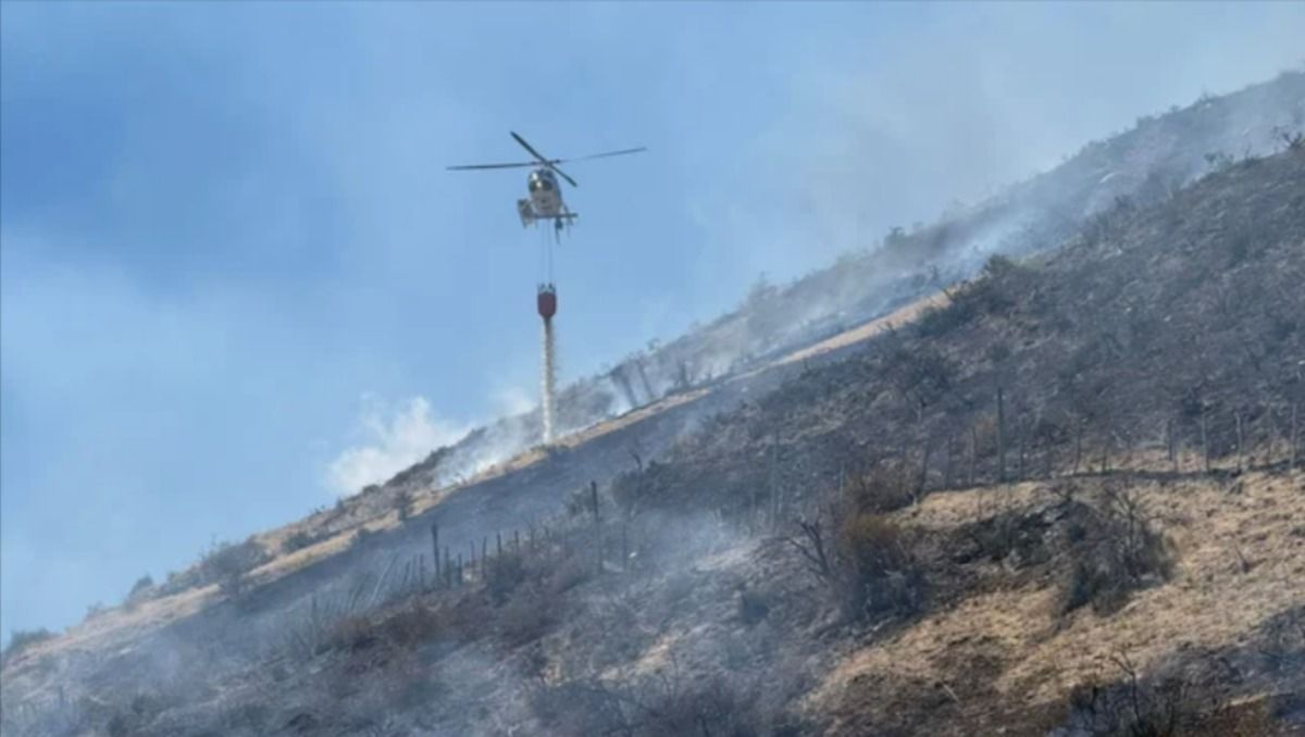 El incendio que se originó en la obra en construcción se expandió rápidamente a los pastizales y asrbustos de una ladera en Esquel.&nbsp;