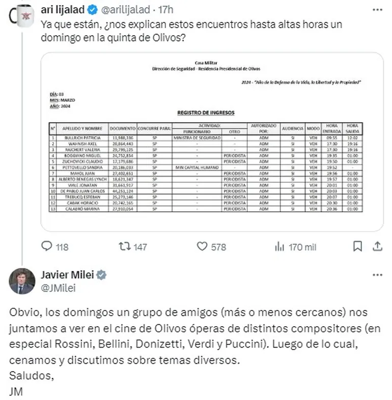 La respuesta de Javier Milei al periodista que le consultó sobre las visitas a Olivos, entre las que estaba Jonatan Viale. La respuesta de Javier Milei al periodista que le consultó sobre las visitas a Olivos, entre las que estaba Jonatan Viale.