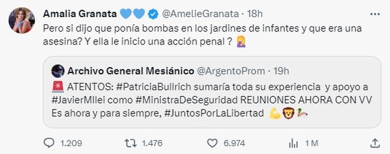 Amalia Granata hizo visible su enojo ante una potencial alianza de Juntos por el Cambio con Javier Milei. Amalia Granata hizo visible su enojo ante una potencial alianza de Juntos por el Cambio con Javier Milei.
