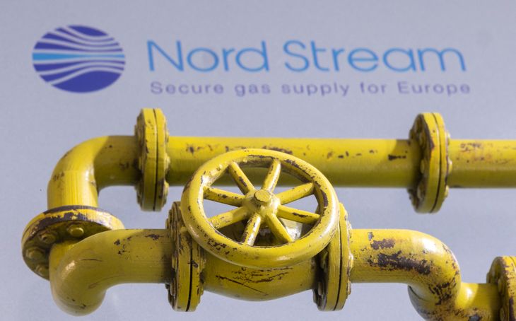 Imagen ilustrativa de cañerías de gas elaboradas en una impresora 3D puestas frente a una proyección del logo de Nord Stream tomada el 31 de enero, 2022. REUTERS/Dado Ruvic/Ilustración