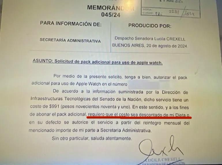 El el memo que filtraron, Lucila Crexell dijo que está claro que el Senado le descuente los 911 pesos del servicio adicional. El el memo que filtraron, Lucila Crexell dijo que está claro que el Senado le descuente los 911 pesos del servicio adicional.