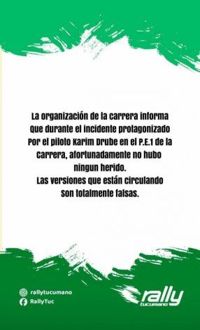 El comunicado que emitió el Rally Tucumano luego del accidente.