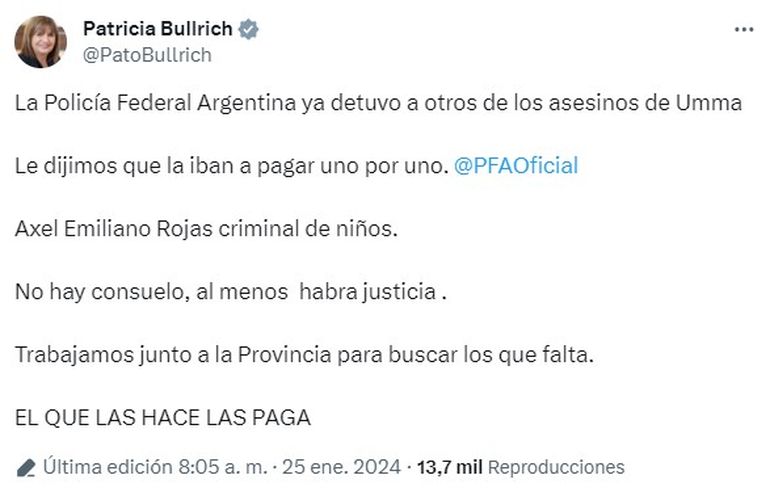 Patricia Bullrich habló sobre el detenido por el crimen de Umma. Patricia Bullrich habló sobre el detenido por el crimen de Umma.