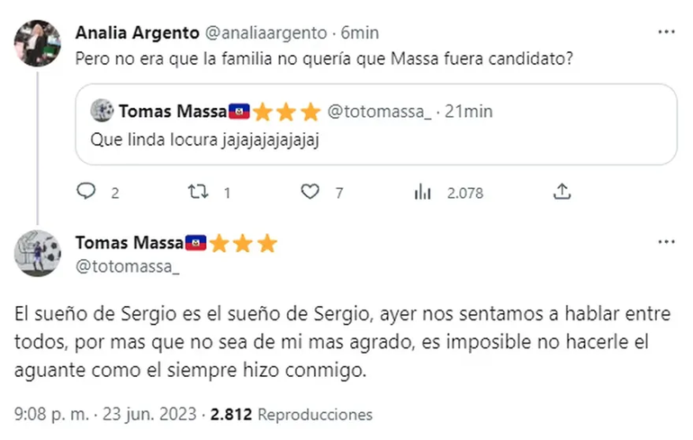 El mensaje que escribió Tomás Massa en Twitter y luego borró. El mensaje que escribió Tomás Massa en Twitter y luego borró.
