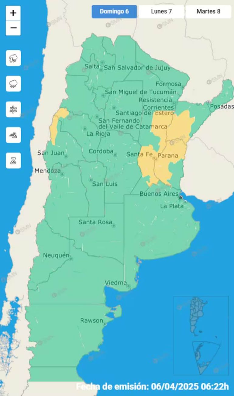 El Servicio Meteorológico Nacional emitió una alerta amarilla por tormentas para Entre Ríos, Santa Fe y Corrientes, en tanto que las provincias de San Juan y La Rioja están bajo advertencia por vientos fuertes. El Servicio Meteorológico Nacional emitió una alerta amarilla por tormentas para Entre Ríos, Santa Fe y Corrientes, en tanto que las provincias de San Juan y La Rioja están bajo advertencia por vientos fuertes.