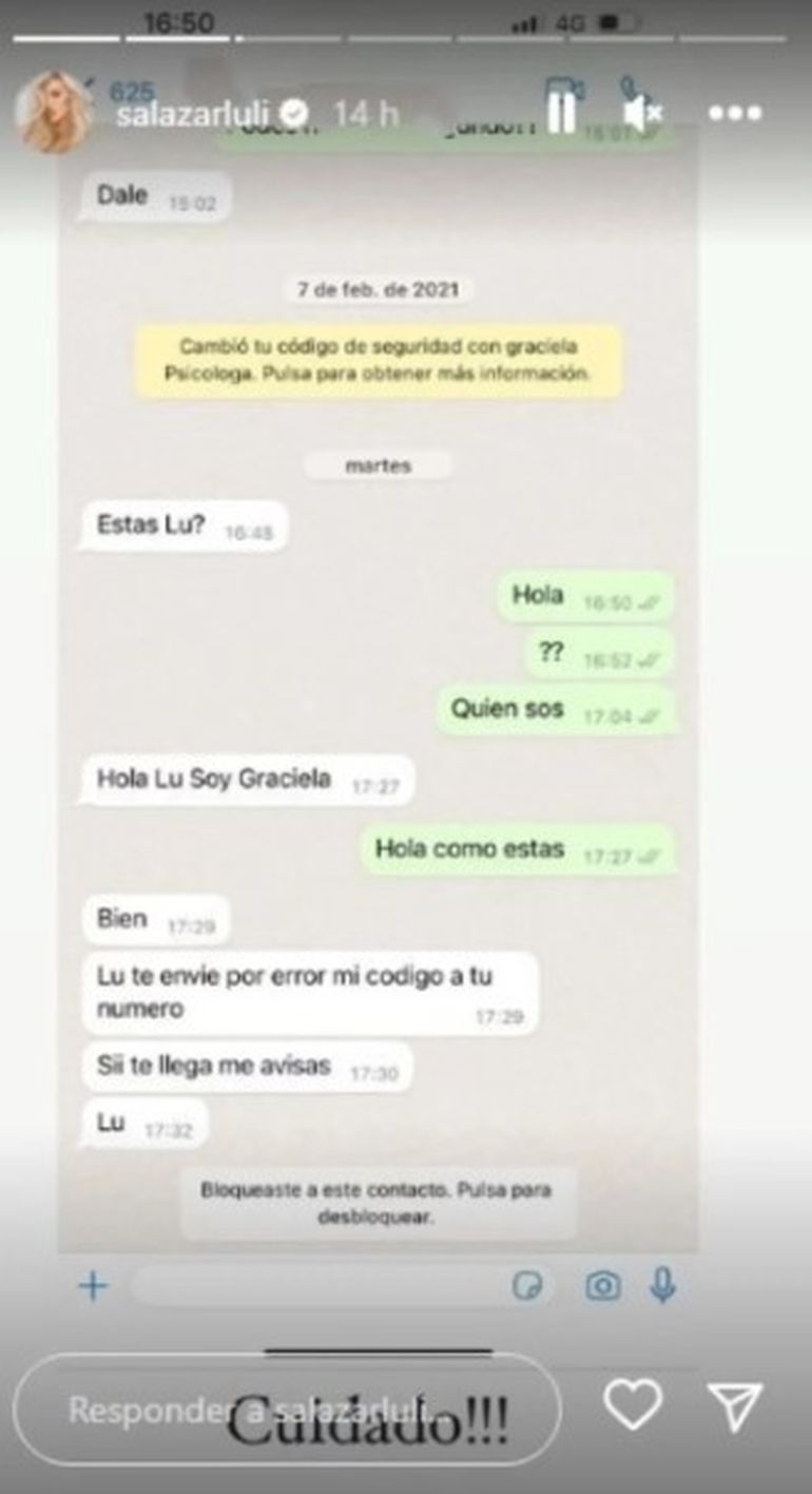Así fue el intento de estafa virtual a Luli Salazar. Así fue el intento de estafa virtual a Luli Salazar.