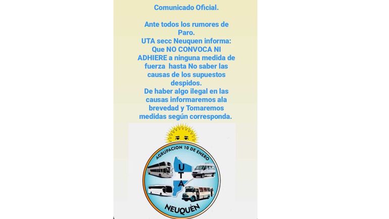 La UTA Neuquén aclaró que no hay paro de colectivos. La UTA Neuquén aclaró que no hay paro de colectivos.