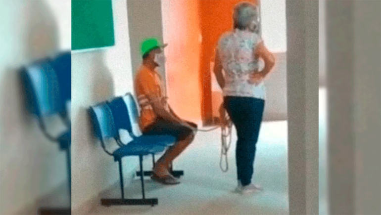 Ató a su marido y lo llevó a la rastra para que se vacune contra el COVID