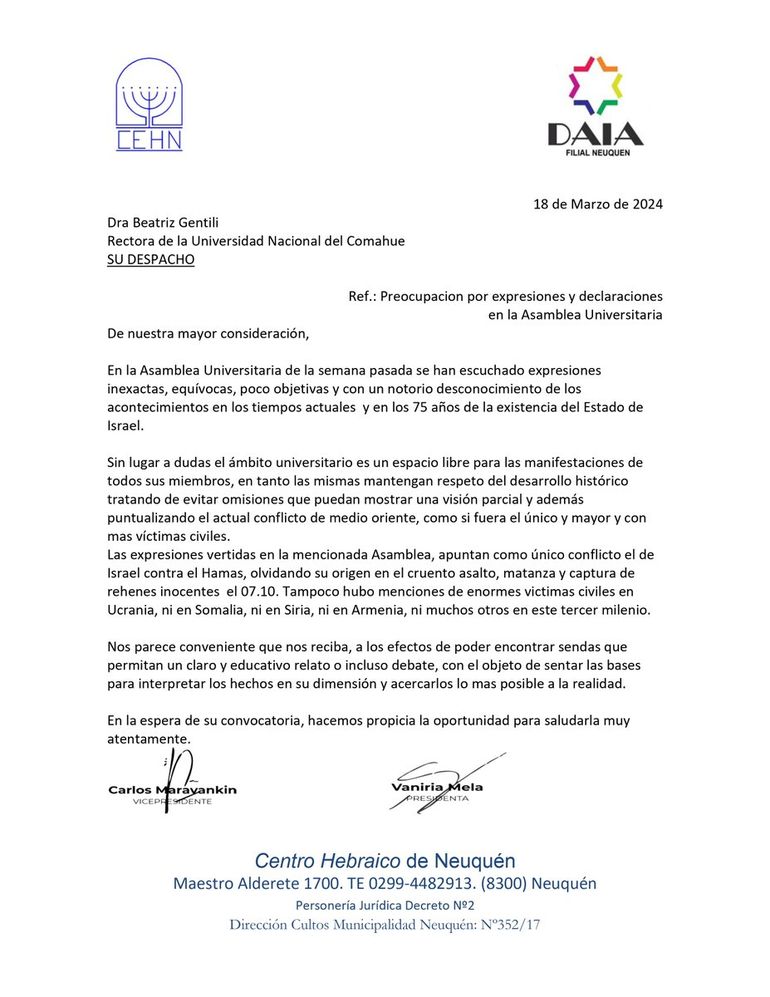 La declaración de la filial de la DAIA en Neuquén. El 10 de junio la cúpula de Buenos Aires se entrevistará con la UNCo. La declaración de la filial de la DAIA en Neuquén. El 10 de junio la cúpula de Buenos Aires se entrevistará con la UNCo.