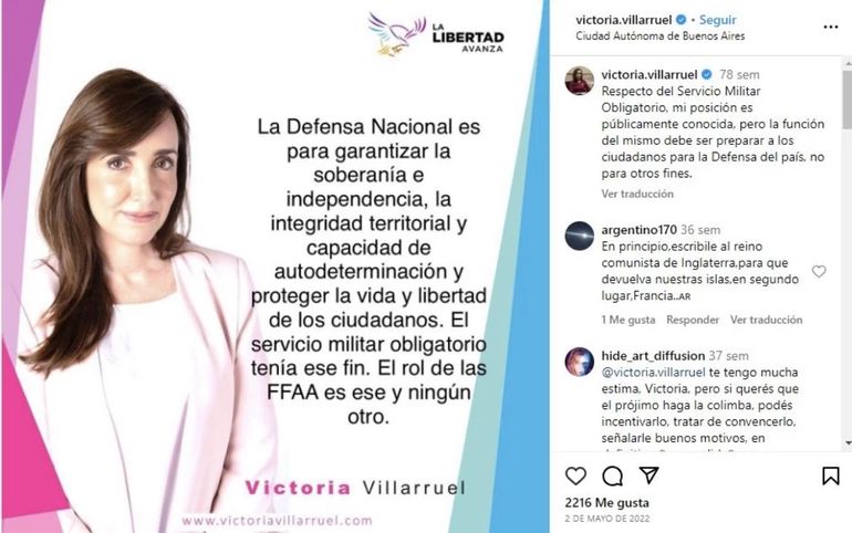 Victoria Villarruel, candidata a vice de Javier Milei y La Libertad Avanza, propuso el retorno del Servicio Militar Obligatorio. Victoria Villarruel, candidata a vice de Javier Milei y La Libertad Avanza, propuso el retorno del Servicio Militar Obligatorio.