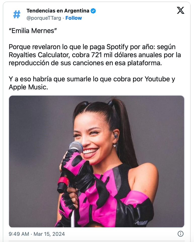 Se supo cuánto cobra Emilia Mernes por las reproducciones en Spotify. Se supo cuánto cobra Emilia Mernes por las reproducciones en Spotify.