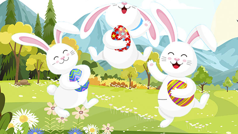 Tres conejos de Pascua con huevos de chocolate, el tesoro más preciado por los más chicos durante la Semana Santa. Tres conejos de Pascua con huevos de chocolate, el tesoro más preciado por los más chicos durante la Semana Santa.