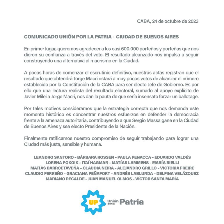 El comunicado de Leandro Santoro. Confirma que se baj&oacute; del balotaje.