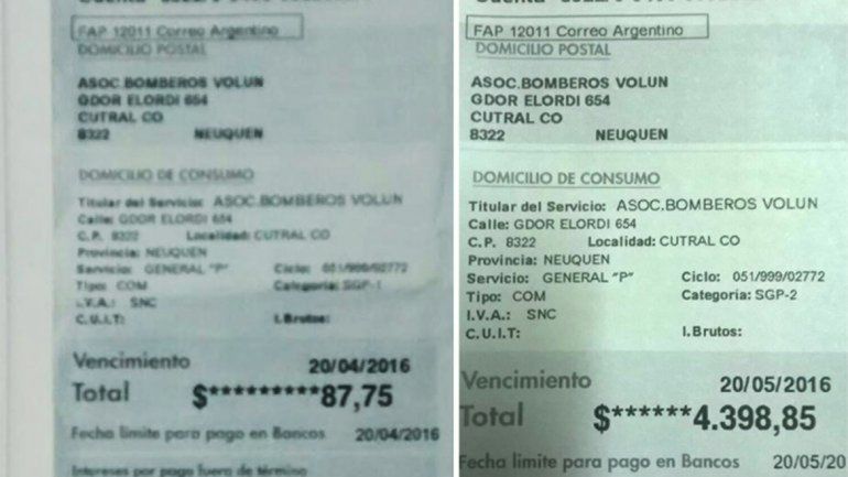 Las boletas que llegaron al cuartel de Cutral Co antes y después de la suba.