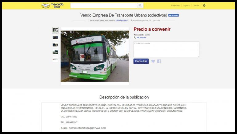 Insólito: venden la empresa de colectivos de Centenario por Mercado Libre