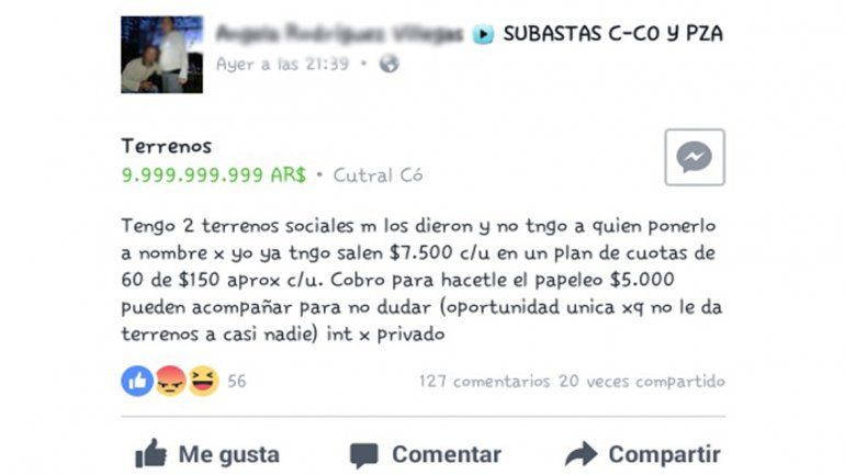 Polémica: ofrecen por Facebook terrenos sociales que les adjudicó el municipio