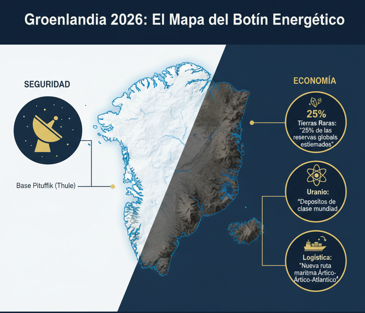 El deshielo ártico facilita el acceso a yacimientos vírgenes de uranio e hidrocarburos estratégicos. Infografía generada con Gemini