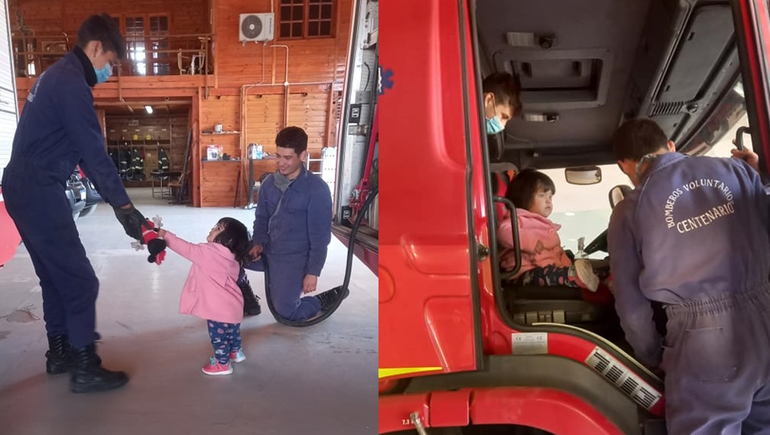 Mara jugó con los bomberos que el lunes le salvaron la vida