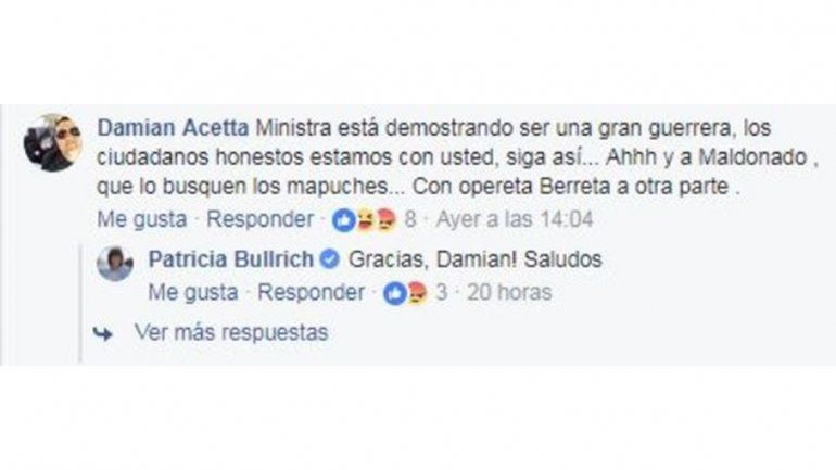 Polémica: Bullrich le agradeció a un hombre que dijo que a Maldonado lo busquen los mapuches