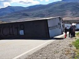 El vuelco del camión chileno que circulaba por la Patagonia argentina obligó a cerrar la ruta 40 hasta que Vialidad Nacional logró removerlo. El vuelco del camión chileno que circulaba por la Patagonia argentina obligó a cerrar la ruta 40 hasta que Vialidad Nacional logró removerlo.