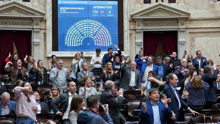 Festejo del peronismo por el rechazo a los vetos de Javier Milei.