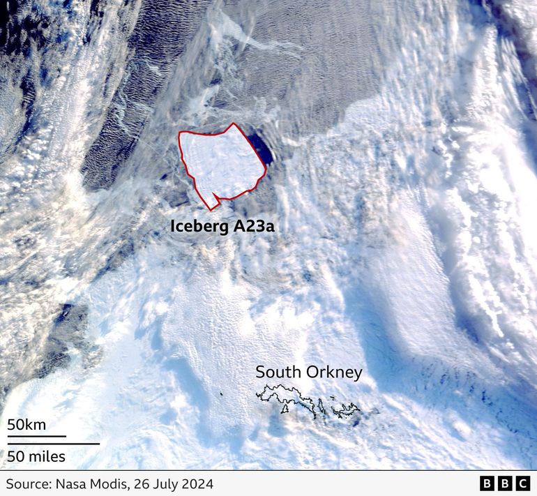 El iceberg A23a se ubica actualmente al norte de las islas Orcadas del Sur. El iceberg A23a se ubica actualmente al norte de las islas Orcadas del Sur.